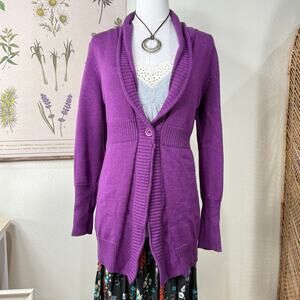 Eileen Fisher Purple Merino Wool One Button Collared Long Cardigan Sweater M